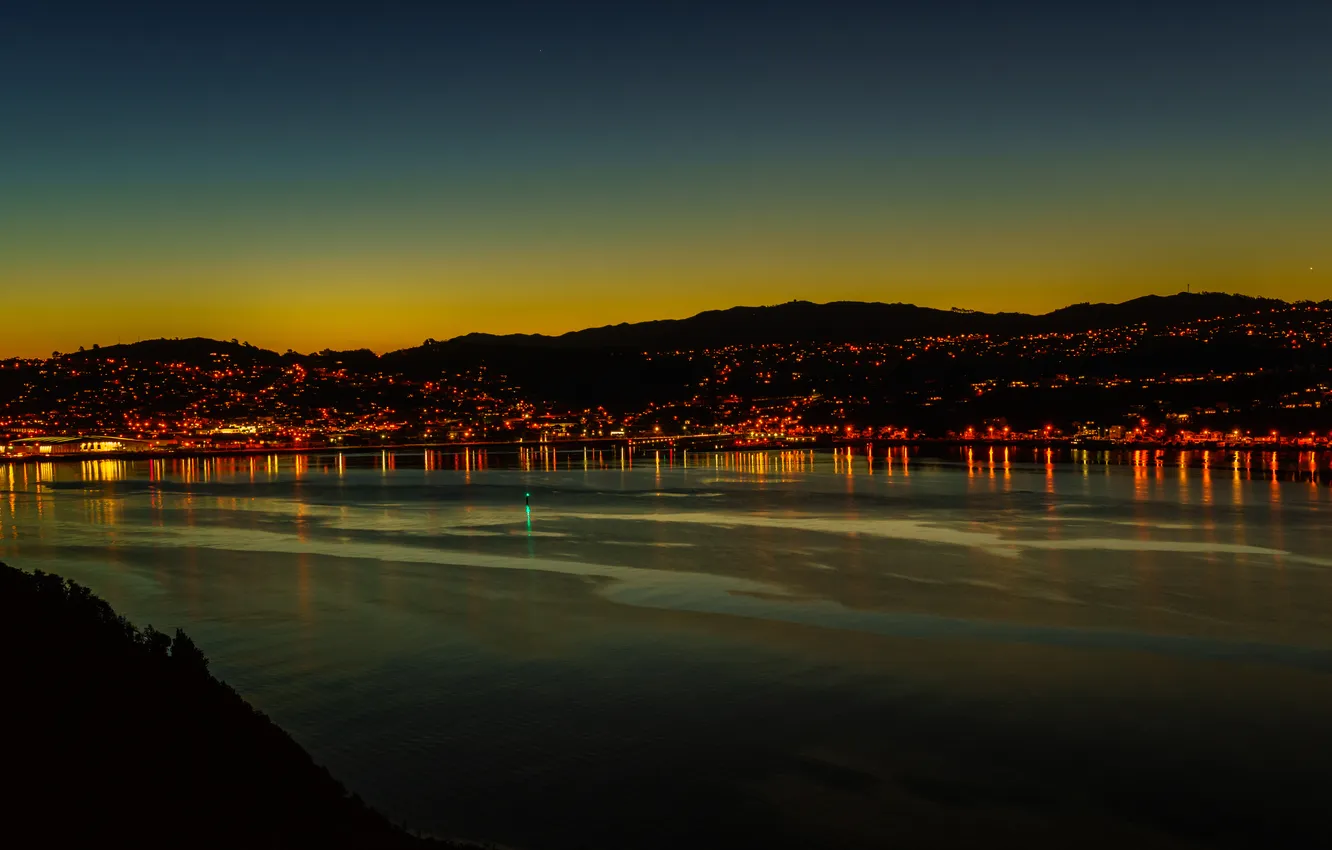 Photo wallpaper mountains, night, the city, lights, New Zealand, Bay, twilight, Wellington