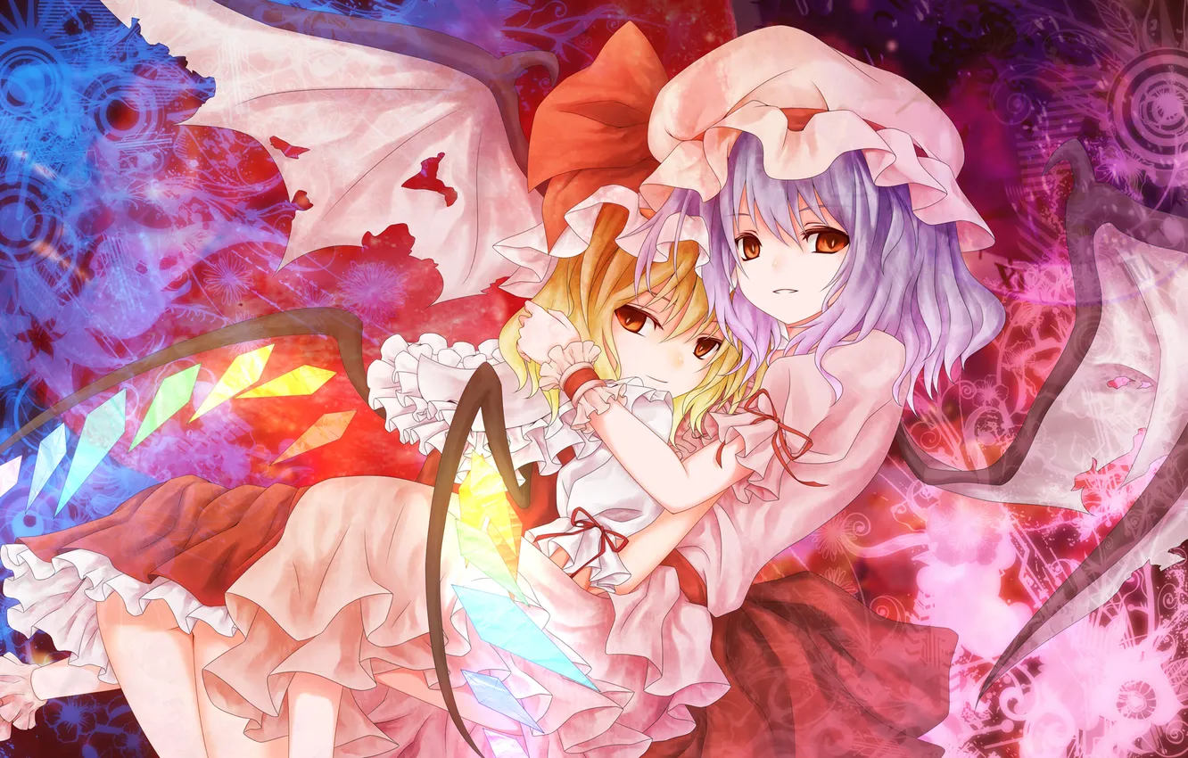 Photo wallpaper look, wings, the demon, touhou, sisters, hugs, Scarlet, Remilia