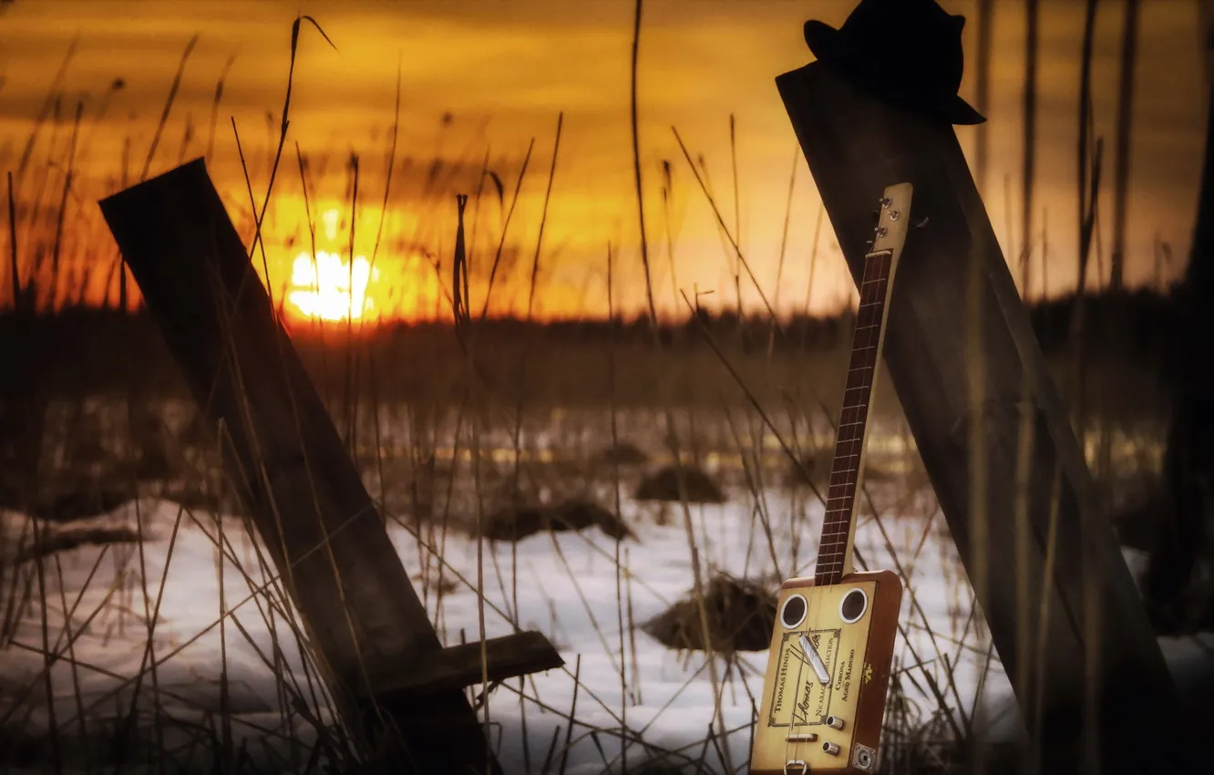 Photo wallpaper sunset, music, guitar
