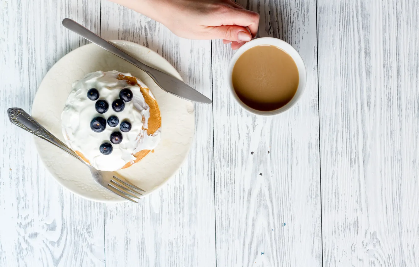 Photo wallpaper berries, Breakfast, blueberries, pancakes, wood, cocoa, breakfast