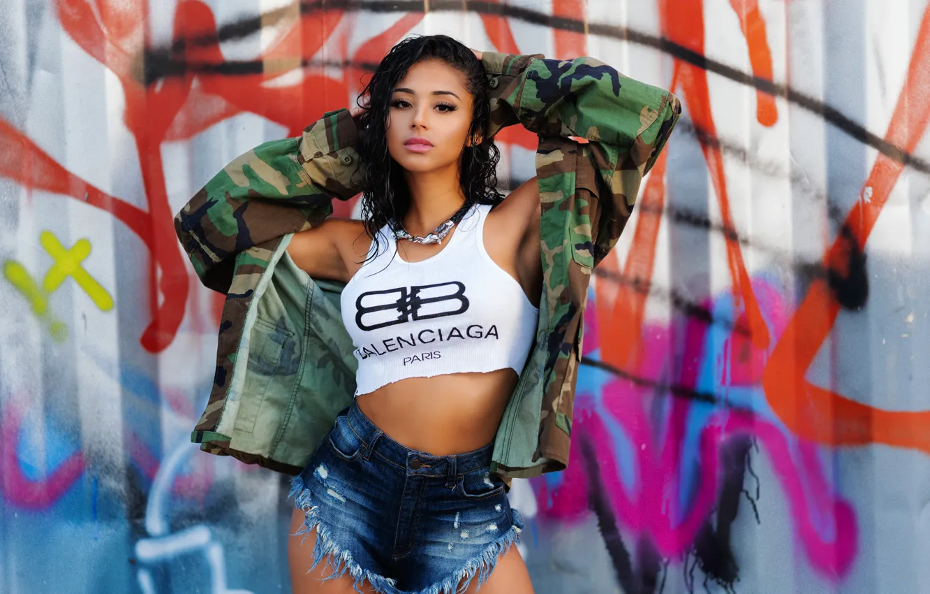 Photo wallpaper girl, pose, graffiti, shorts, figure, jacket, Christopher Rankin