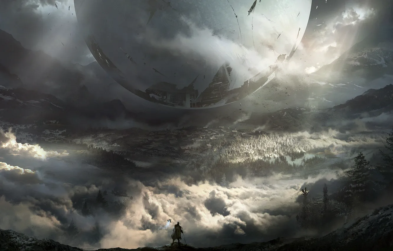 Photo wallpaper forest, clouds, mountains, art, sphere, Bungie, Destiny 2