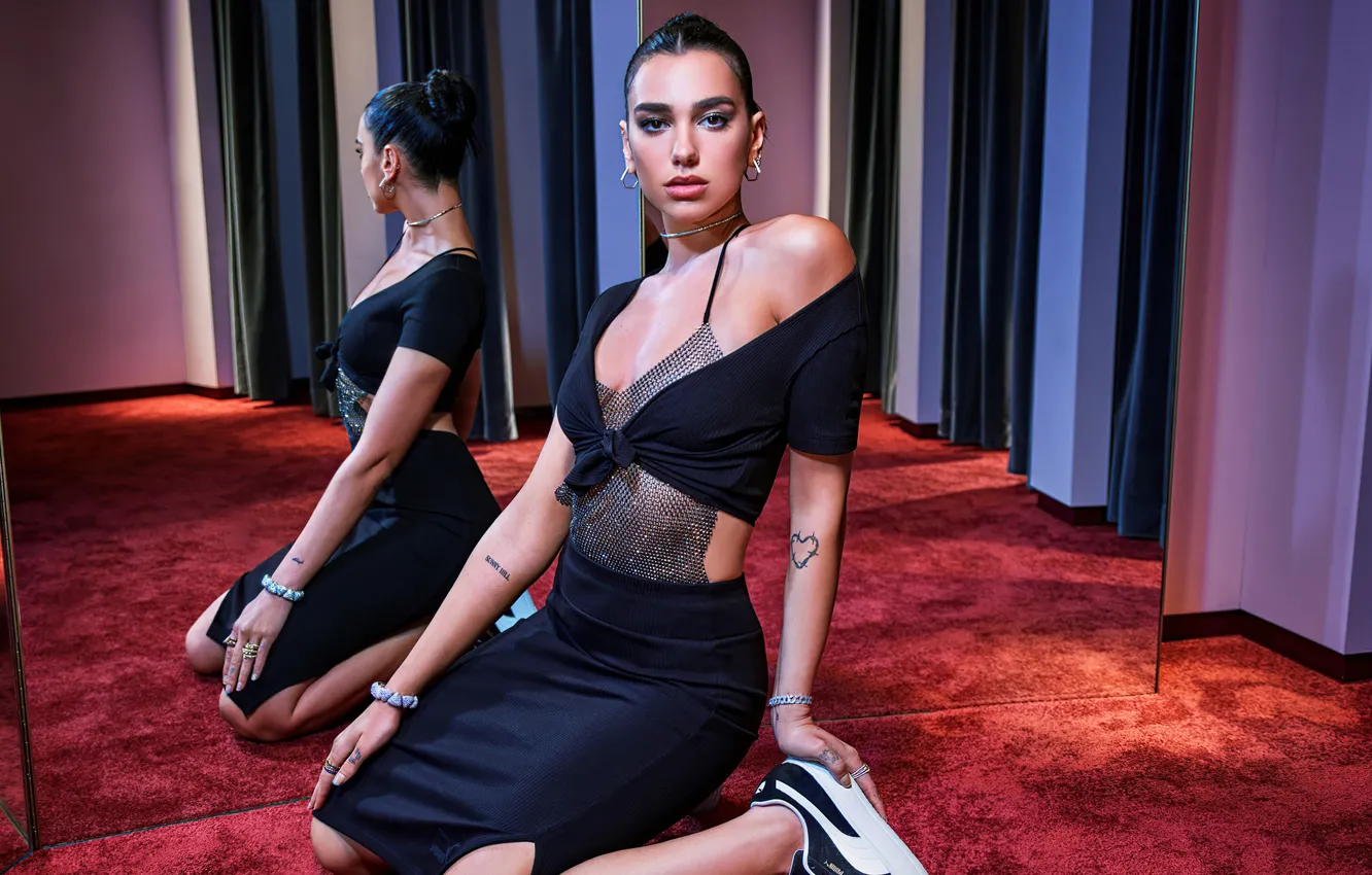 Photo wallpaper pose, look, Puma, decoration, makeup, mirror, Dua Lipa, tattoo