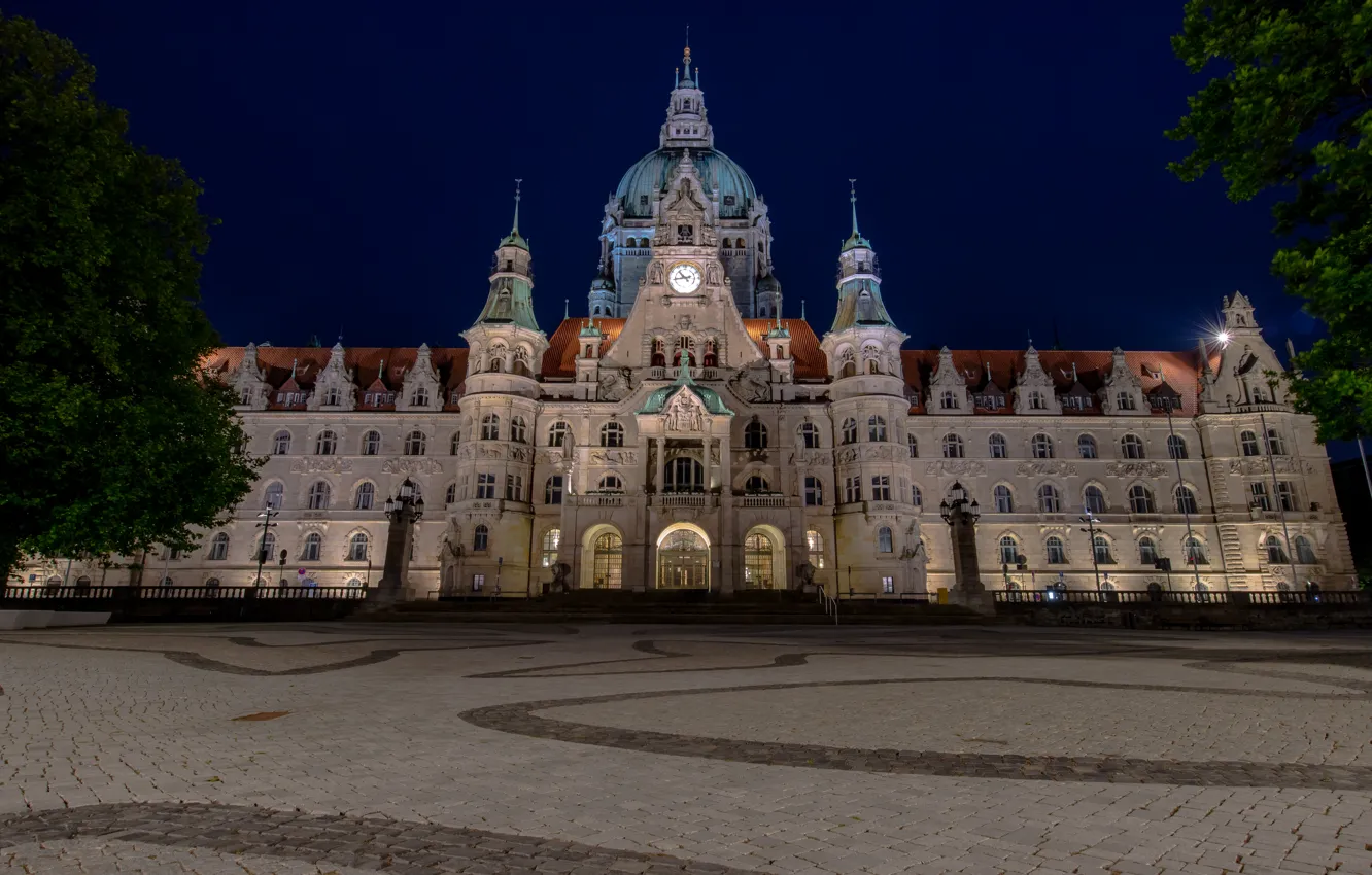 Photo wallpaper night, Germany, area, Palace, town hall, Hannover, New Town Hall