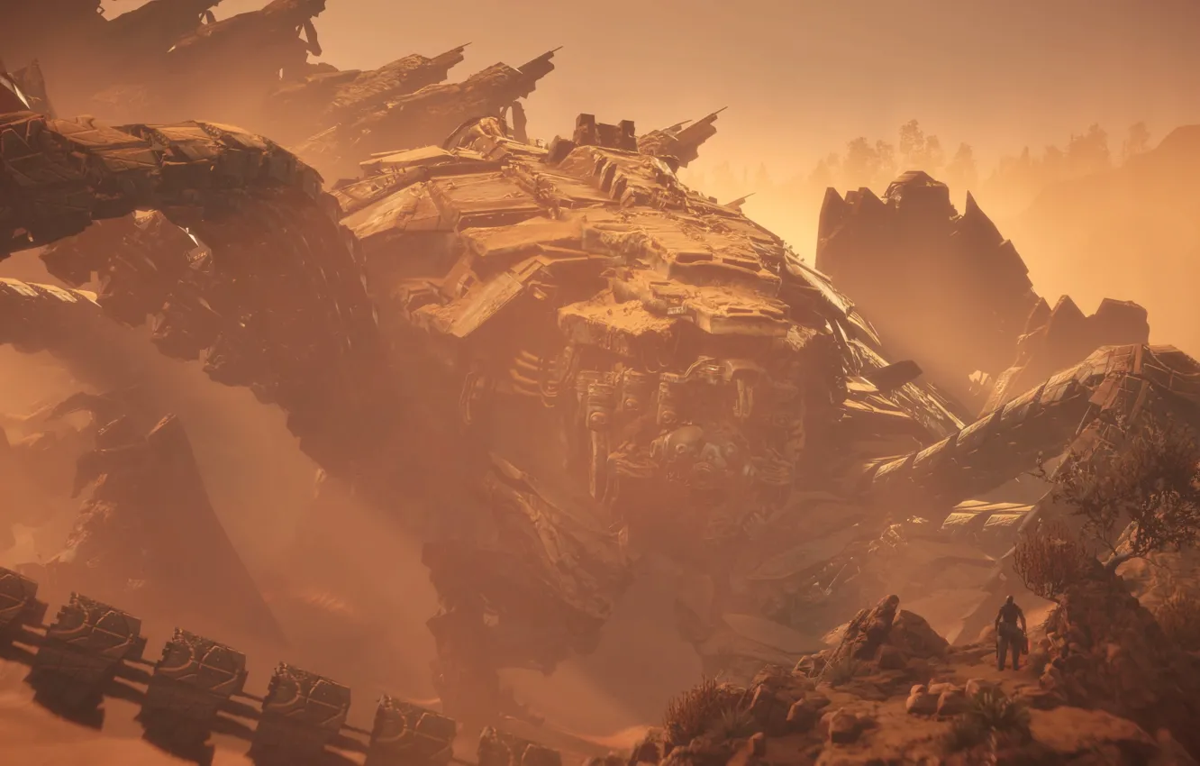 Photo wallpaper sand, nature, desert, robot, fur, PS4 Pro, Horizon Zero Dawn, SonyPlaystation