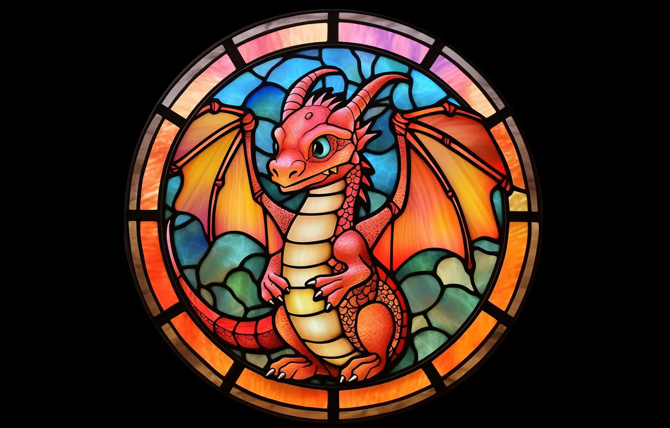 Photo wallpaper dragon, fantasy, stained glass, symbol, black background, AI art, neural network