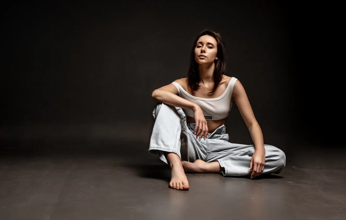 Photo wallpaper studio, barefoot, women, tank top, bare shoulders, Konstantin Knyazev, Anastasia Grinenko