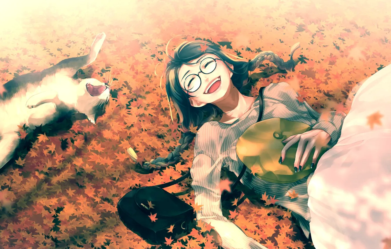 Photo wallpaper laughter, fun, glasses, fallen leaves, lying on her back, yawning cat, twilight