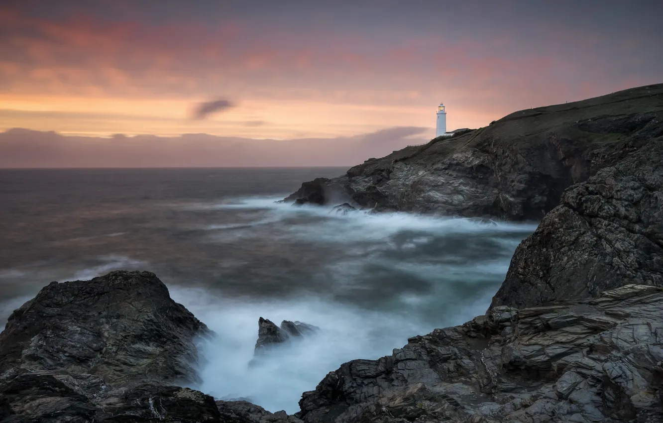 Photo wallpaper sea, sunset, shore, Trevose Lighthouse