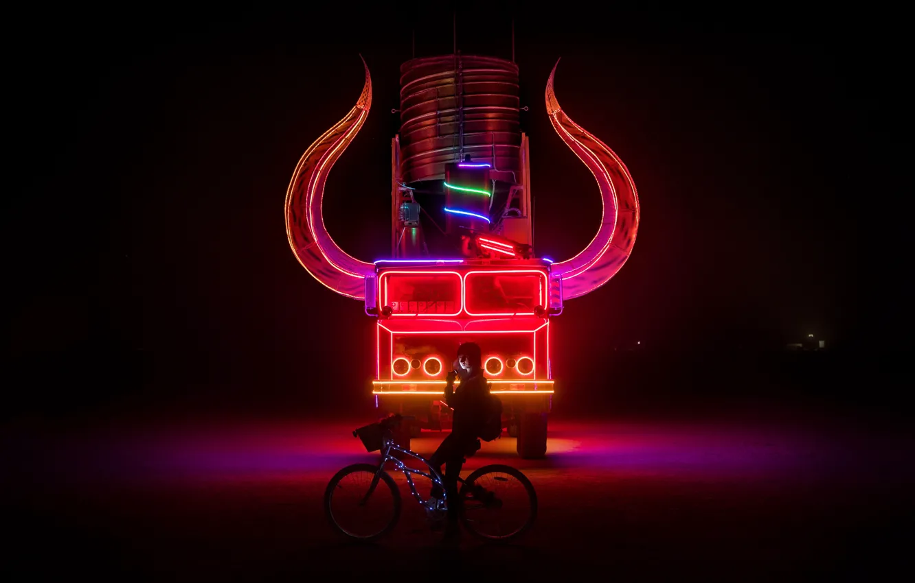 Photo wallpaper girl, horns, bike, night, truck, neon