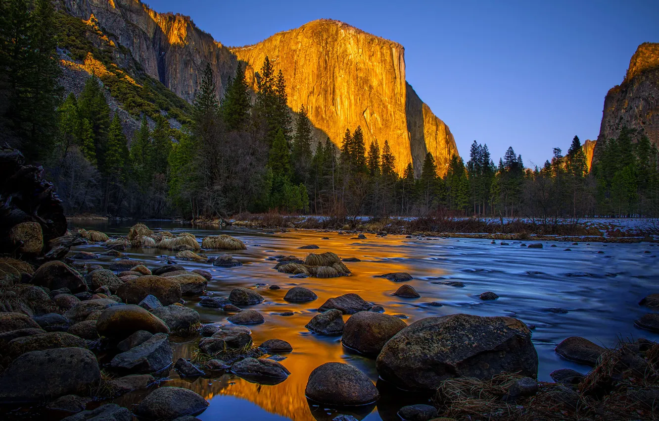 Photo wallpaper trees, river, mountain, CA, Yosemite, California, the sun, Yosemite National Park