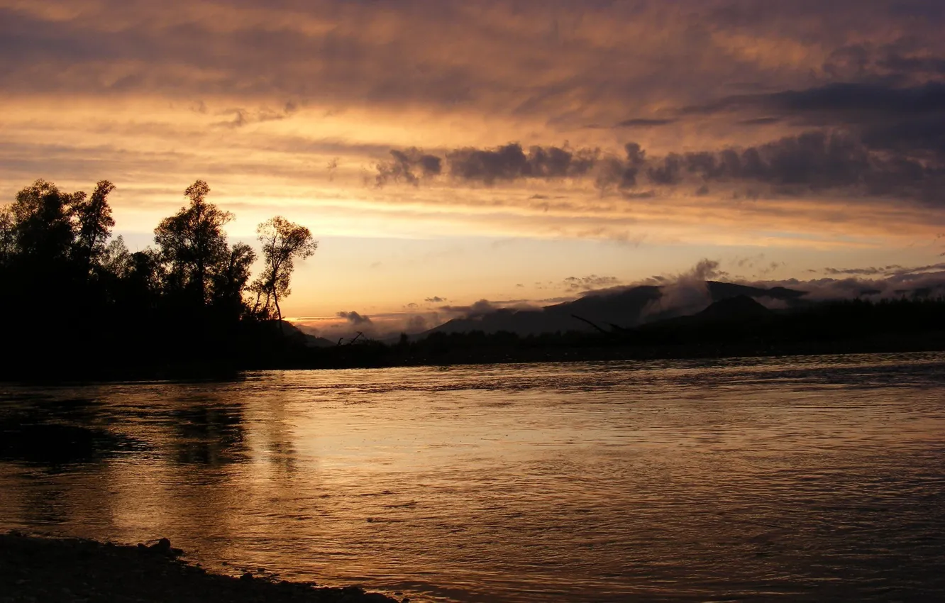 Photo wallpaper sunset, nature, river, shore