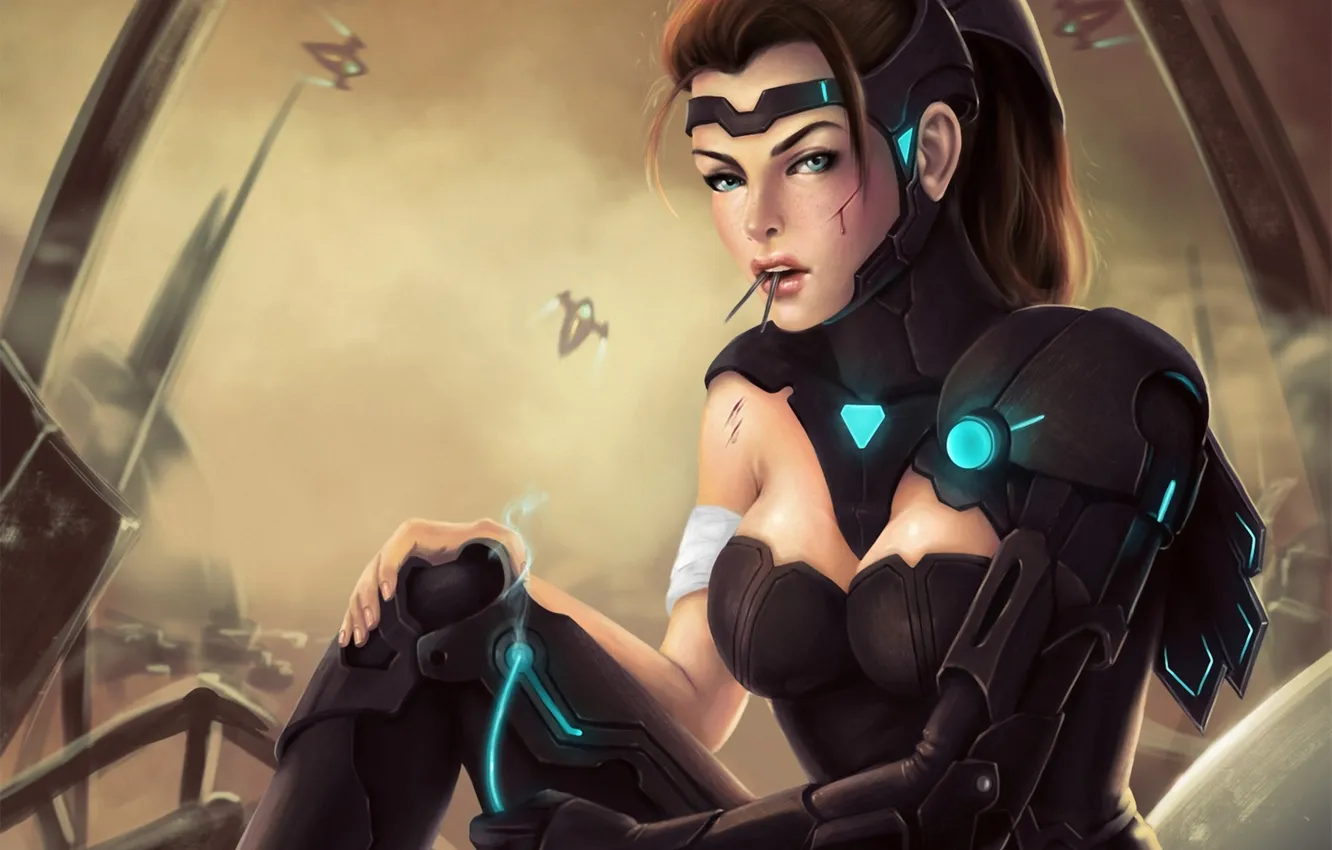 Photo wallpaper girl, metal, wire, ship, art, wounds