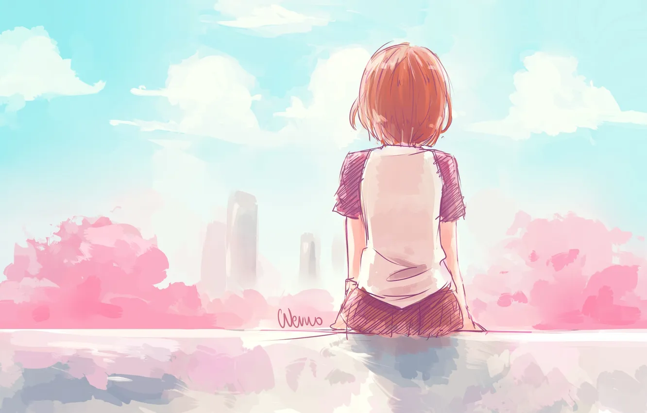 Photo wallpaper the sky, girl, clouds, trees, the city, back, home, anime