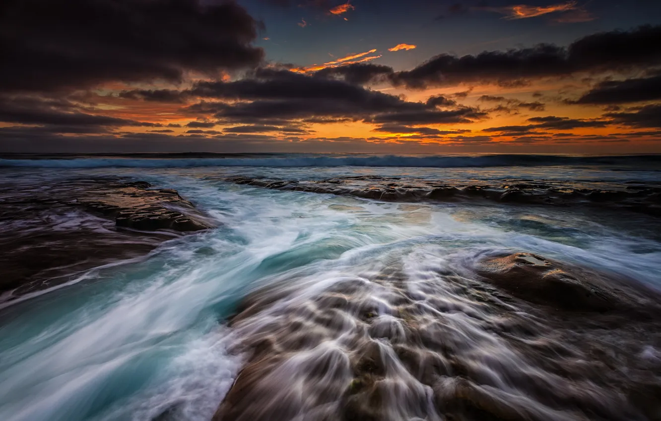 Photo wallpaper sea, wave, beach, sunset, stream, the evening