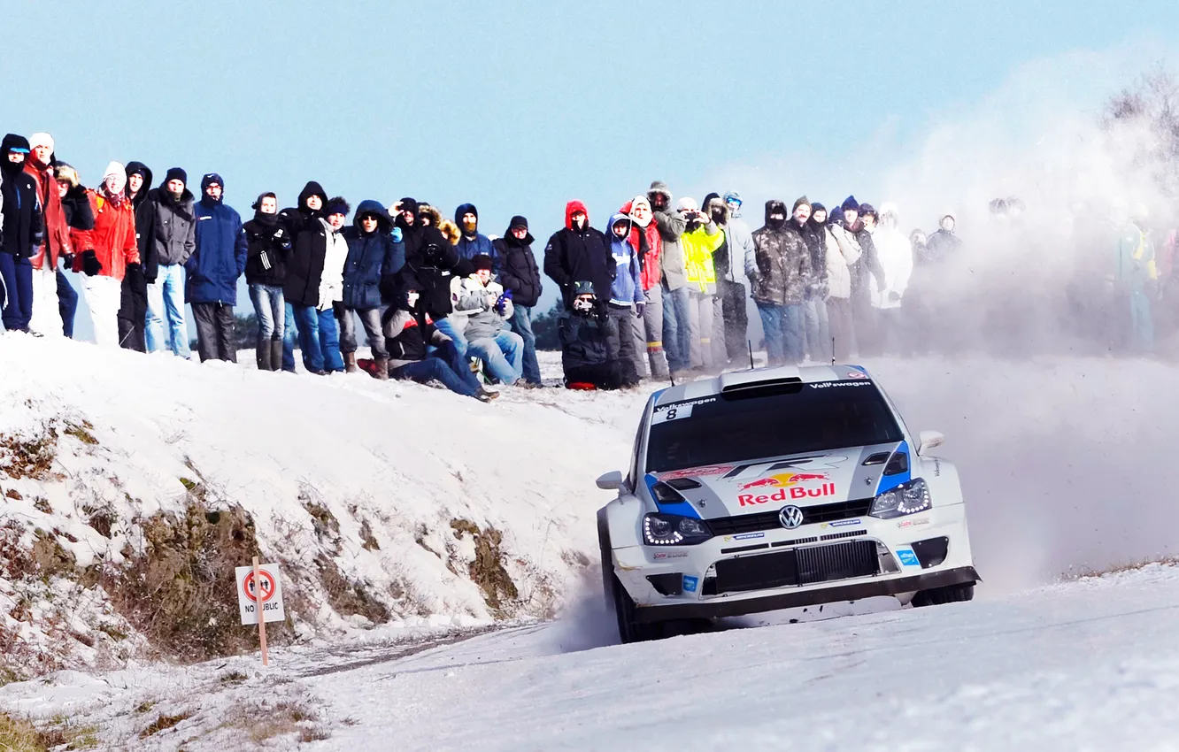 Photo wallpaper Winter, White, Volkswagen, Speed, People, Skid, WRC, Rally