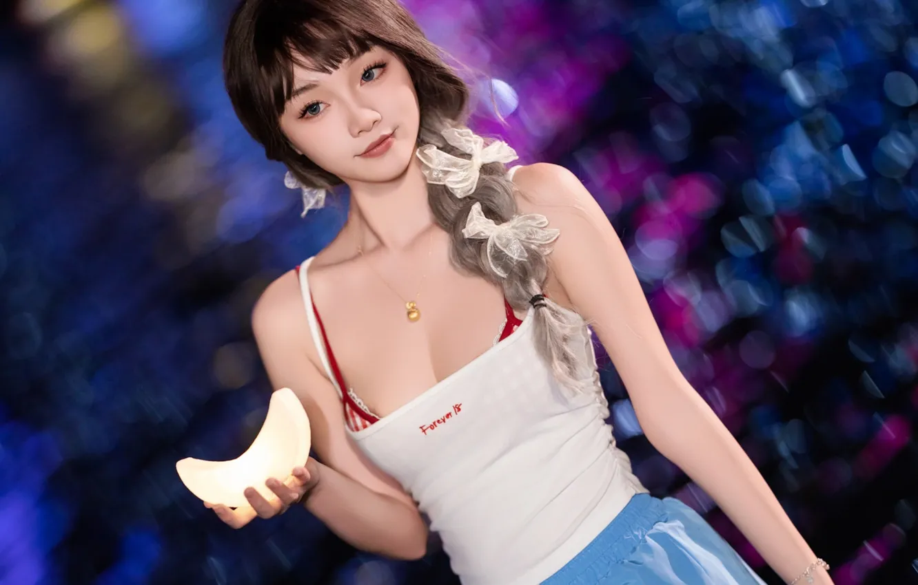 Photo wallpaper Beautiful, Asian, Model, Water, Smile, Night, Woman, River