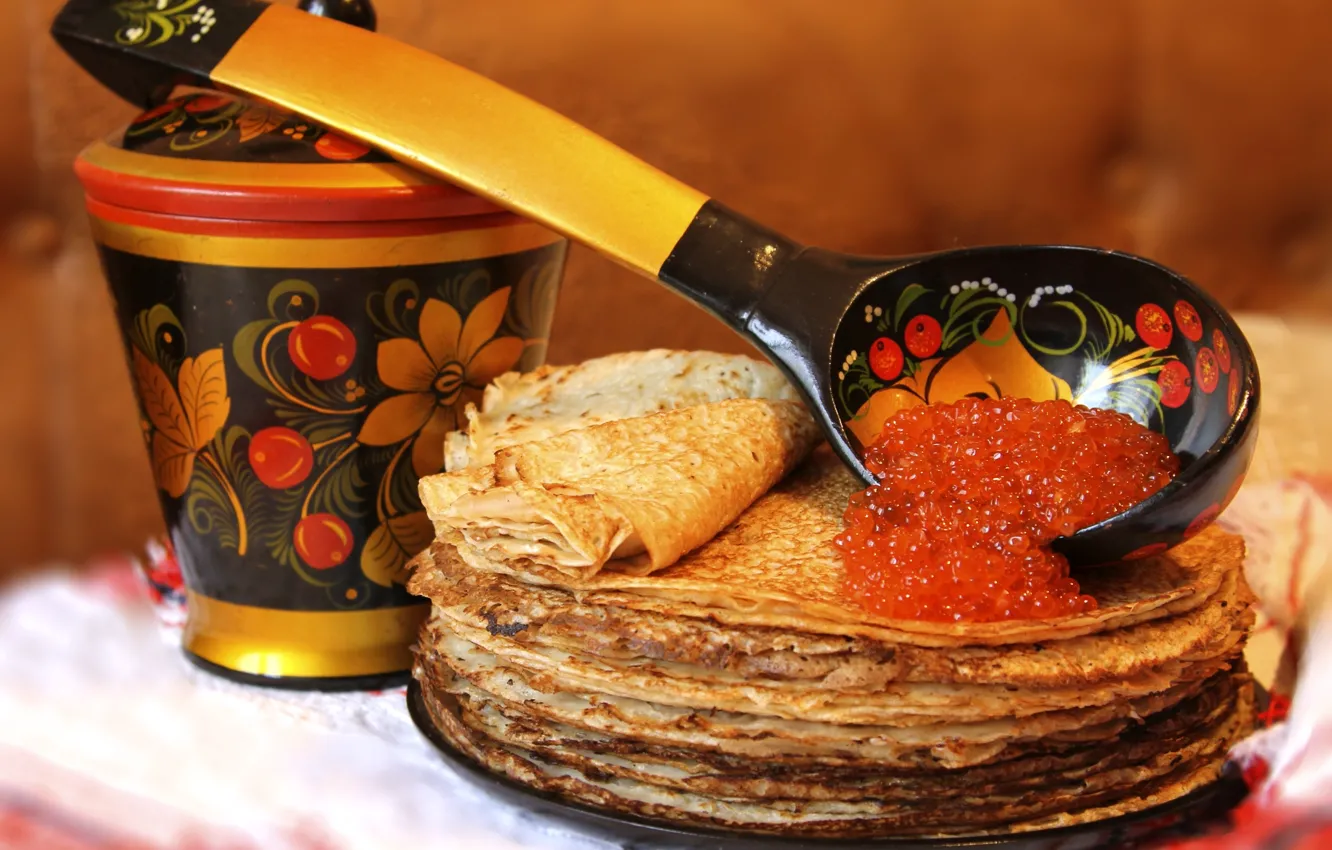Photo wallpaper spoon, pancakes, caviar, Carnival