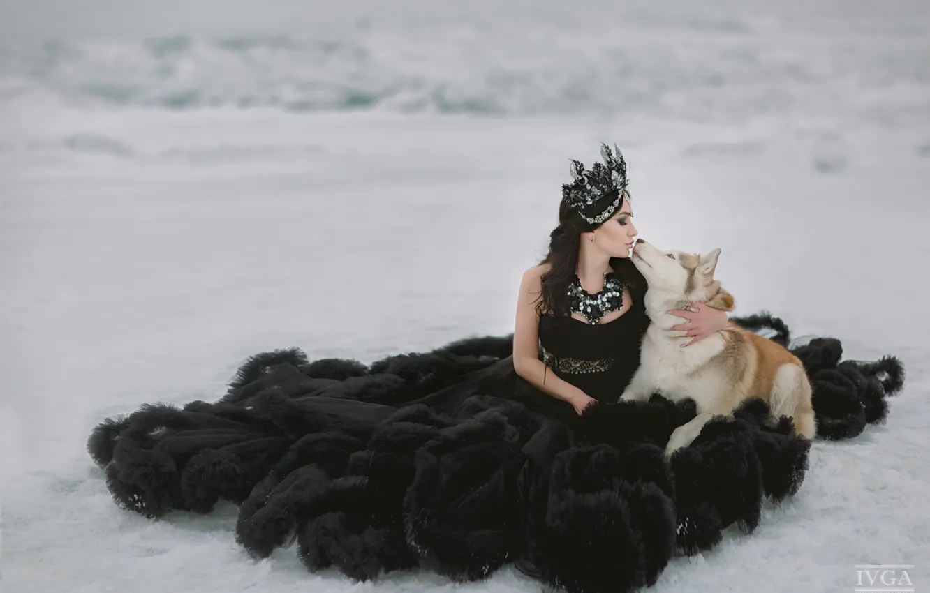 Photo wallpaper girl, snow, kiss, dog, dress