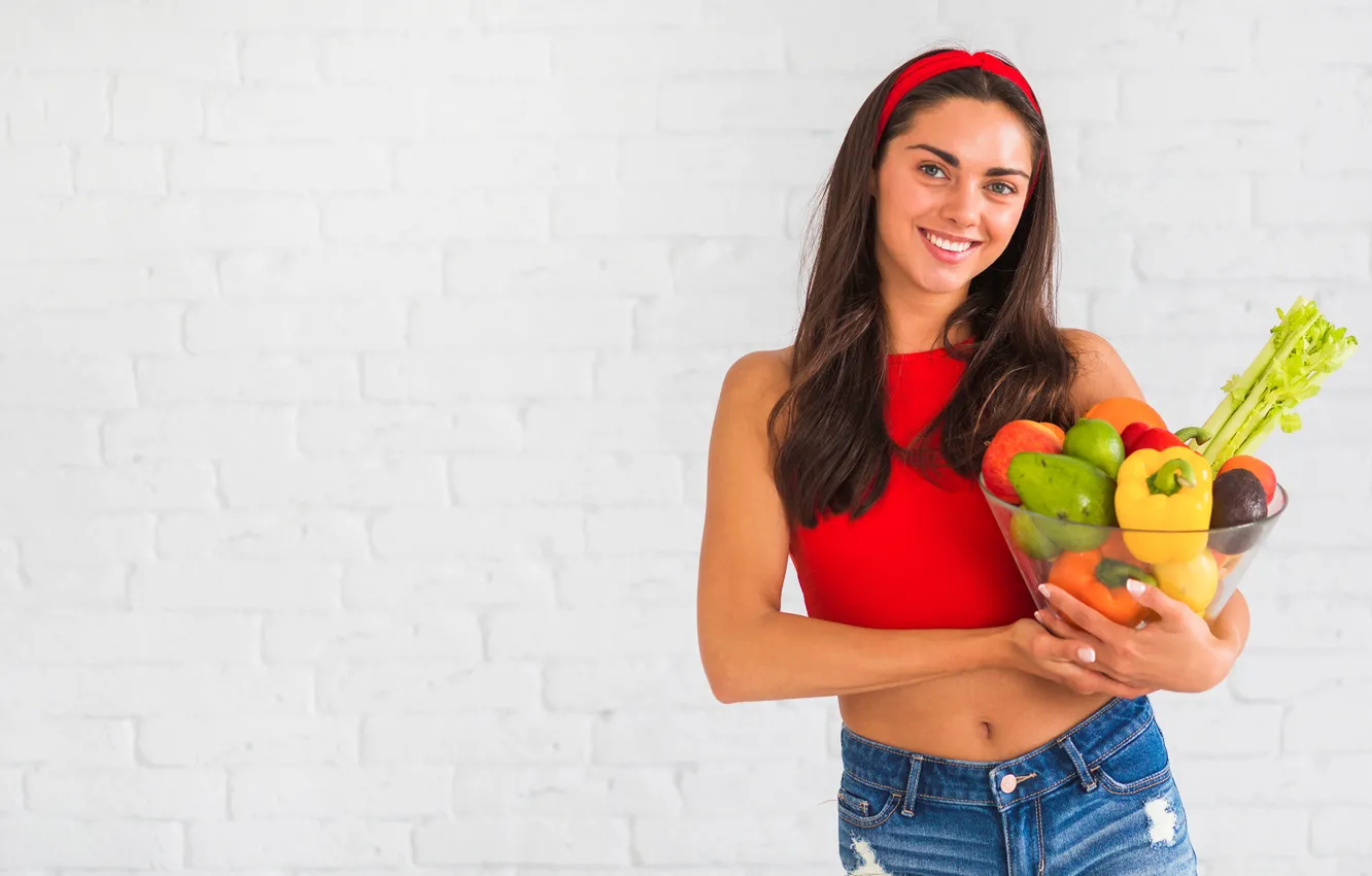 Photo wallpaper white, look, girl, red, pose, smile, background, wall