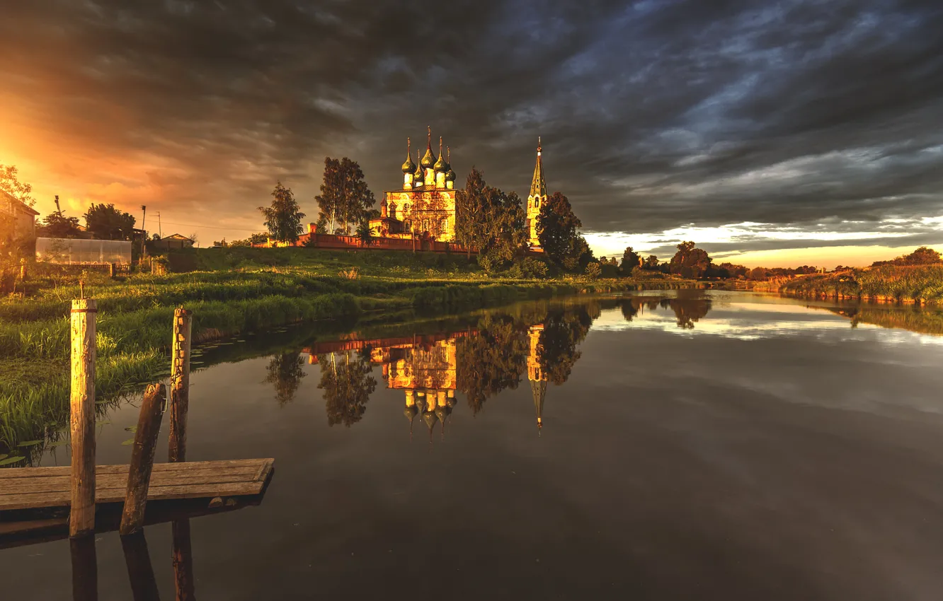 Photo wallpaper sunset, lake, reflection, shore, view, Church, temple, Russia