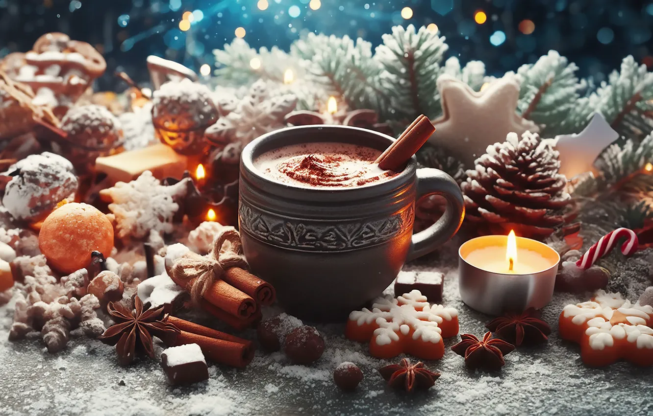 Photo wallpaper snow, snowflakes, branches, new year, candles, cookies, Christmas, mug