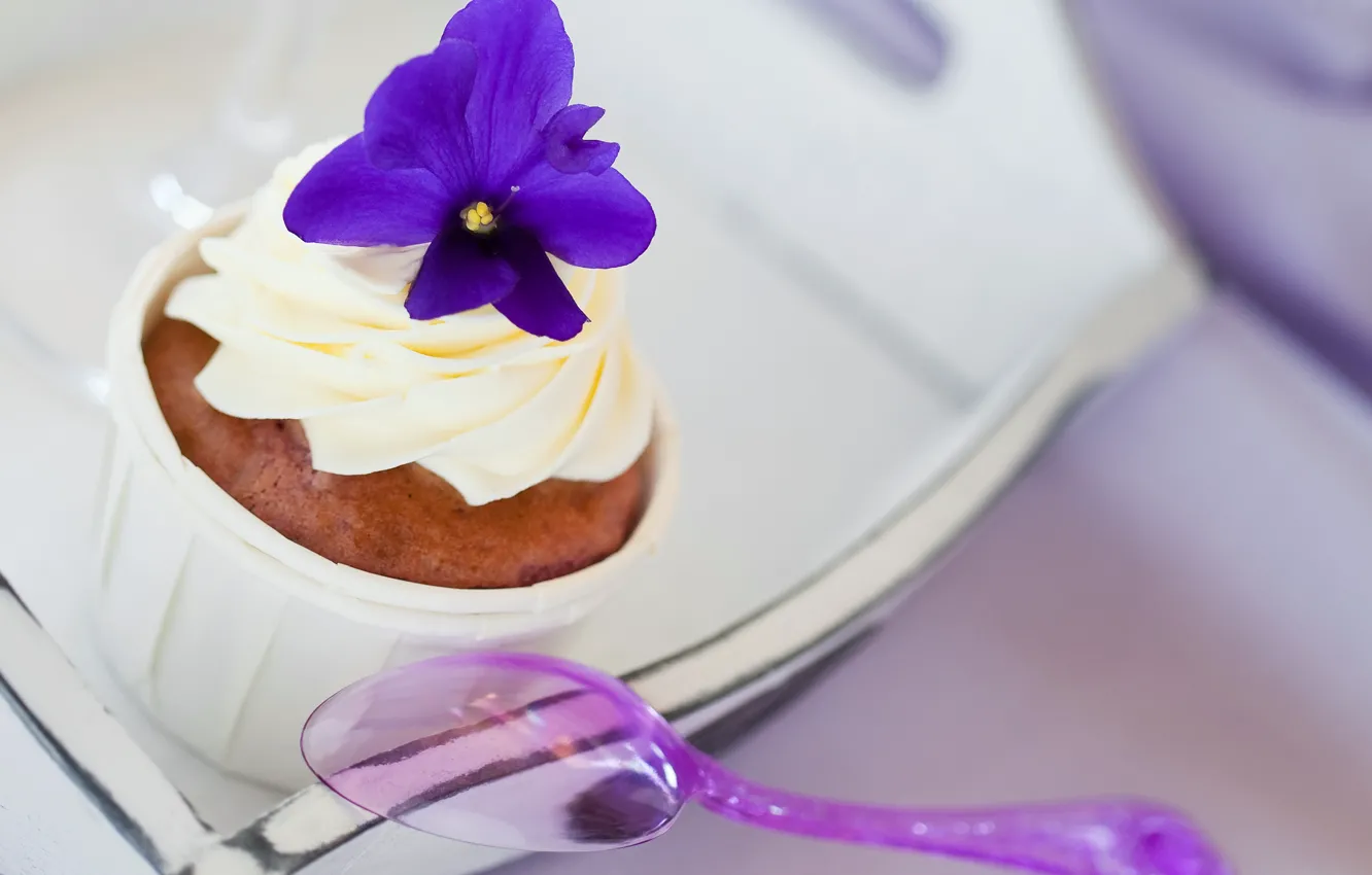 Photo wallpaper flower, purple, spoon, cake, cream, dessert, sweet, tray