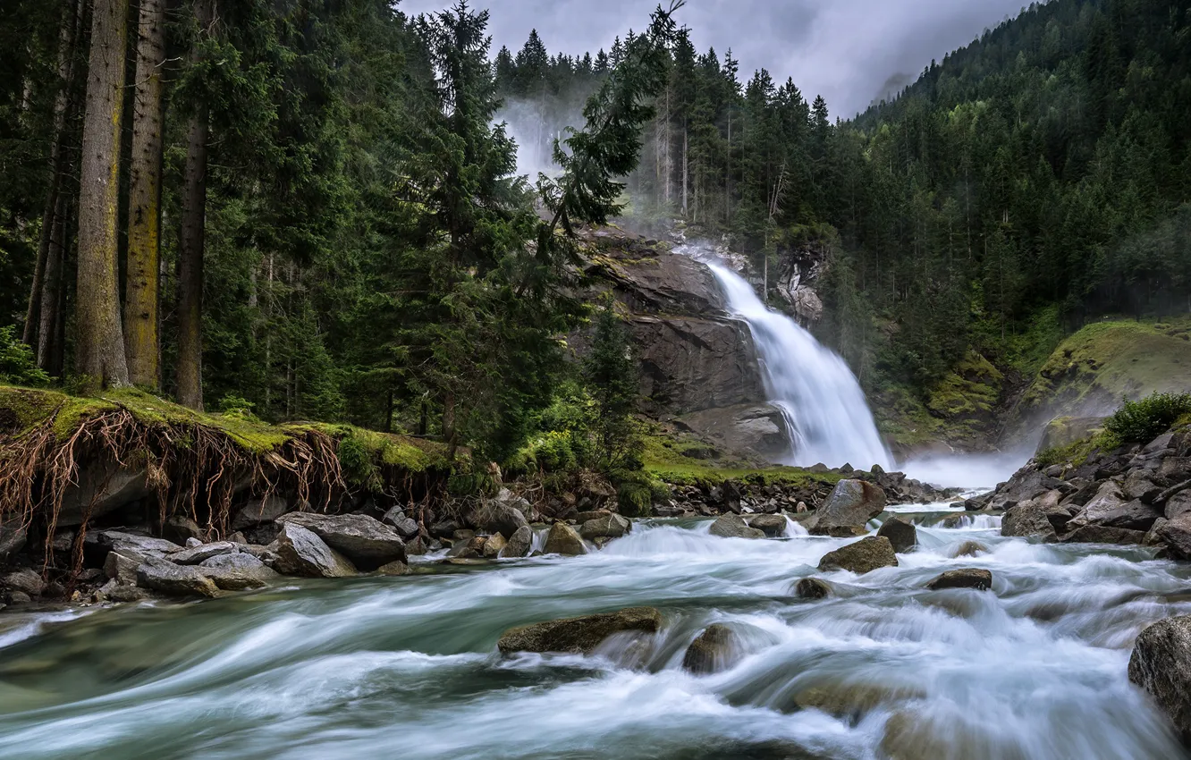 Photo wallpaper forest, trees, river, waterfall, Austria, Austria, Krimml Waterfalls, River Krimmler-Ache