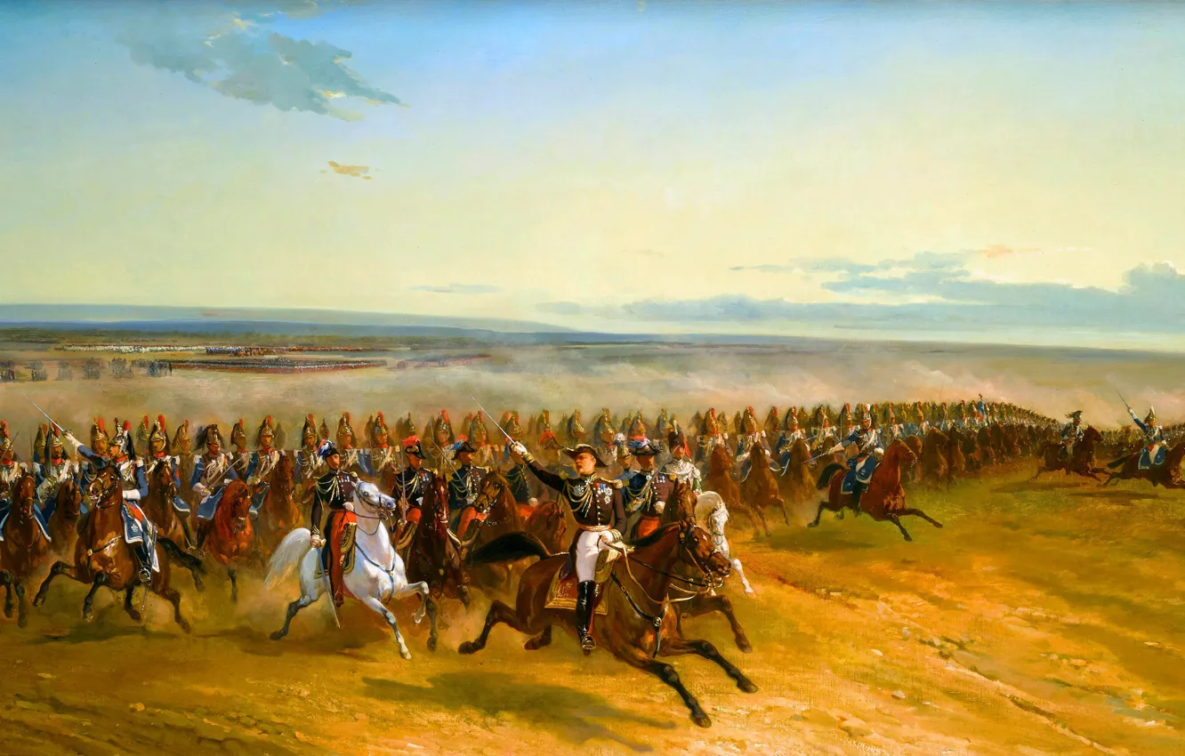 Photo wallpaper horse, picture, soldiers, cavalry, French artist, Maneuvers of the French army in Camp de Chalon, …