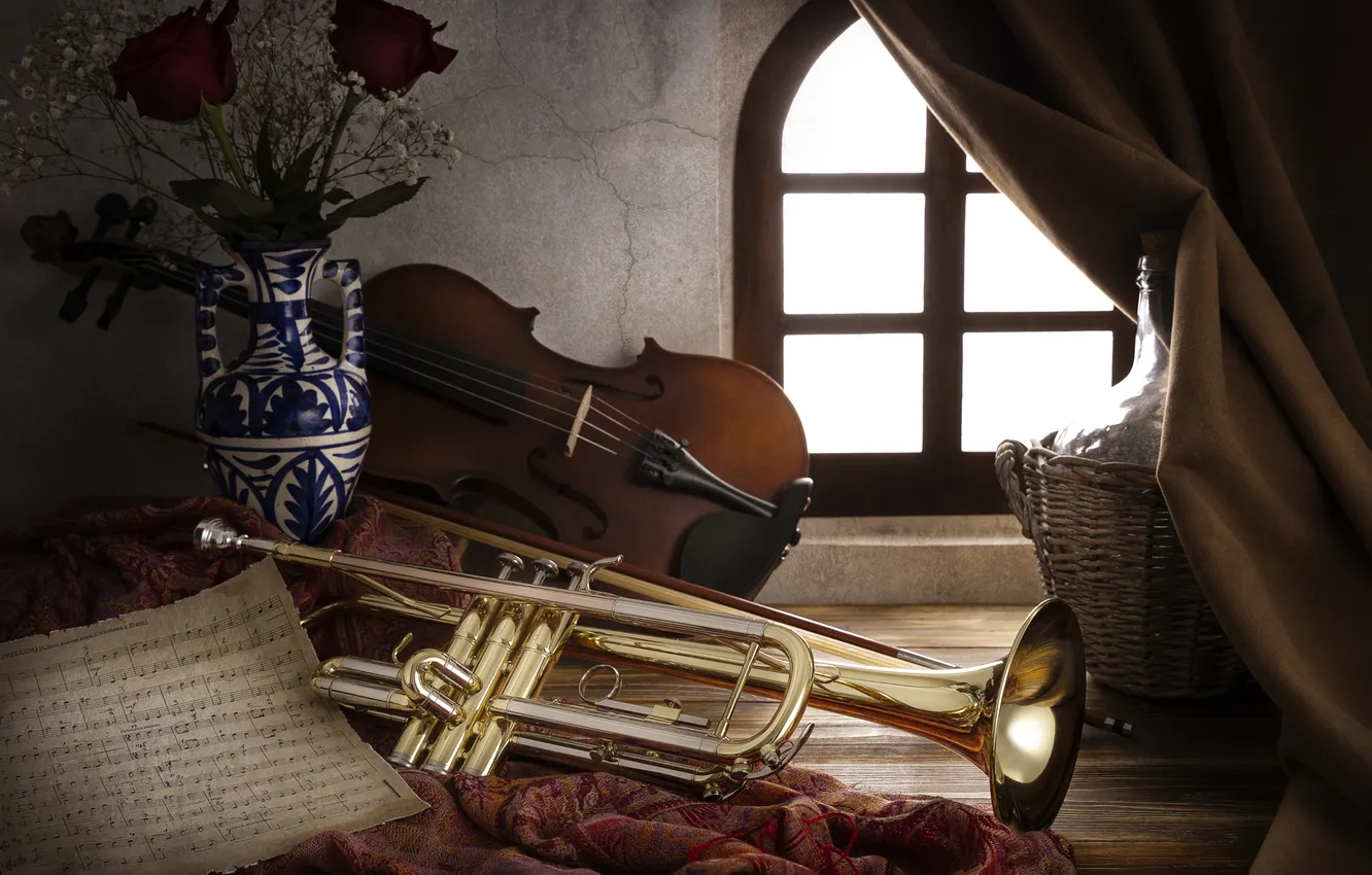 Photo wallpaper flowers, violin, window, pipe, still life