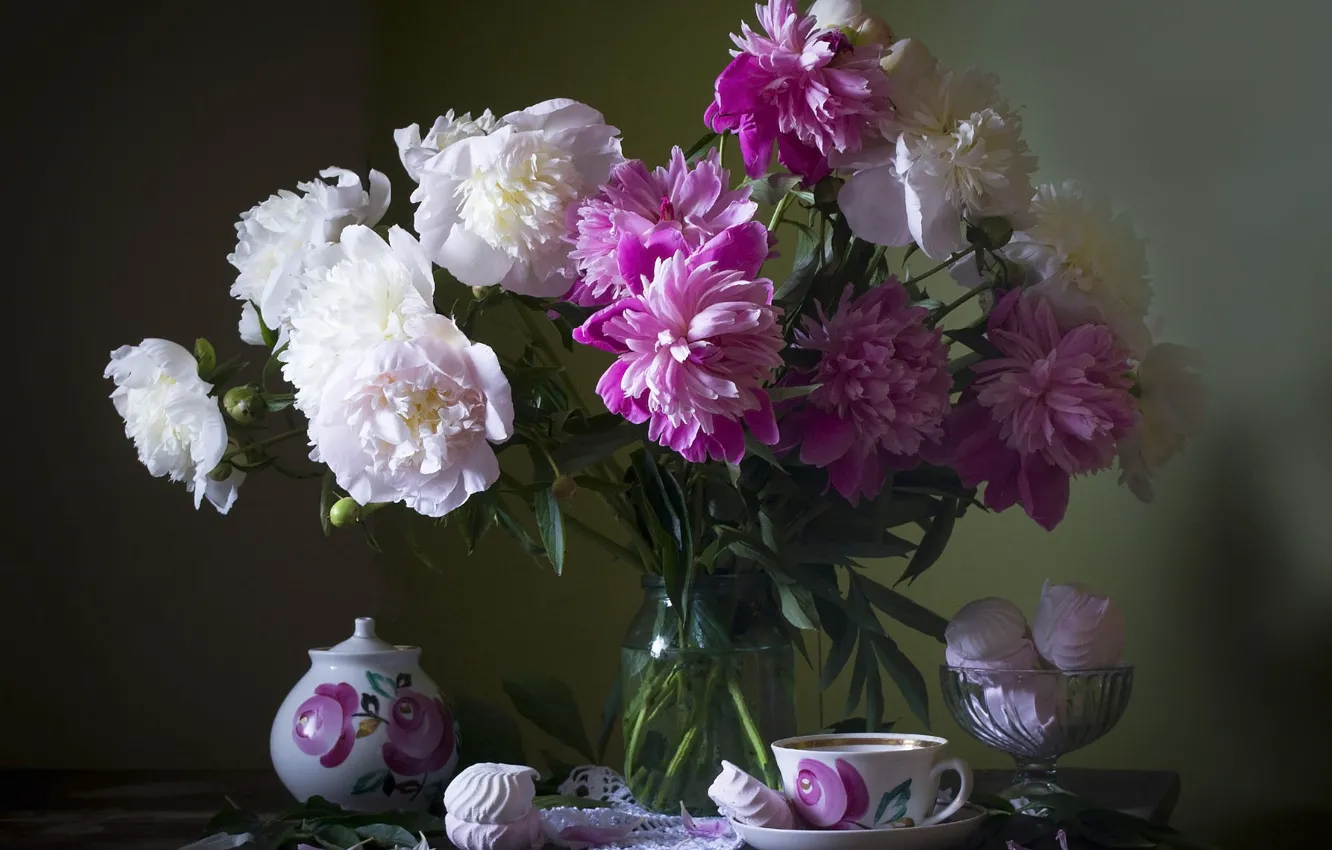 Photo wallpaper flowers, table, tea, bouquet, the tea party, Bank, dishes, pink