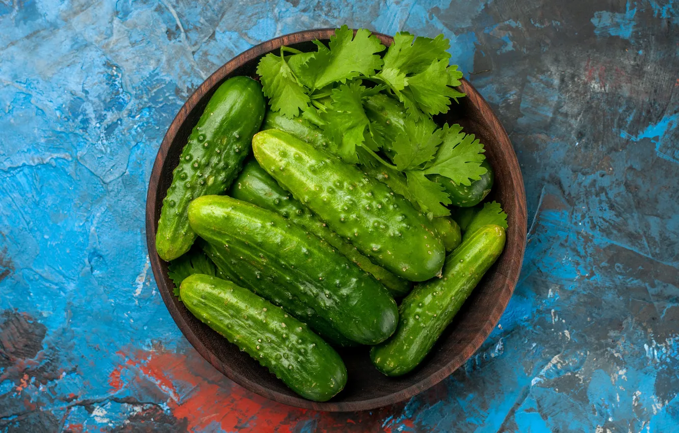 Photo wallpaper bowl, parsley, blue background, fresh, cucumbers