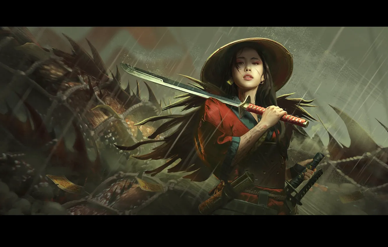 Photo wallpaper rain, dragon, katana, earrings, Asian, dark hair, tattoo on the hand, torn clothing