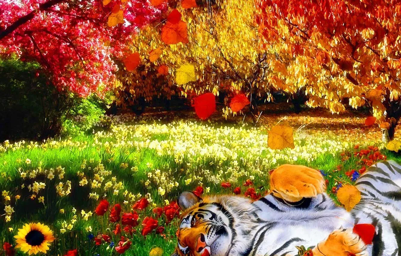 Photo wallpaper grass, leaves, bright colors, trees, flowers, nature, tiger, heat