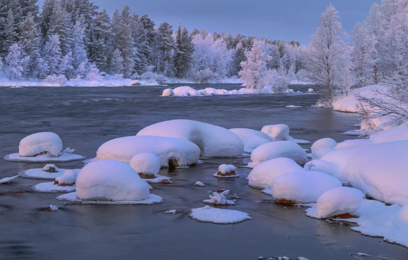 Photo wallpaper winter, snow, landscape, nature, river, shore, the snow, The Kola Peninsula