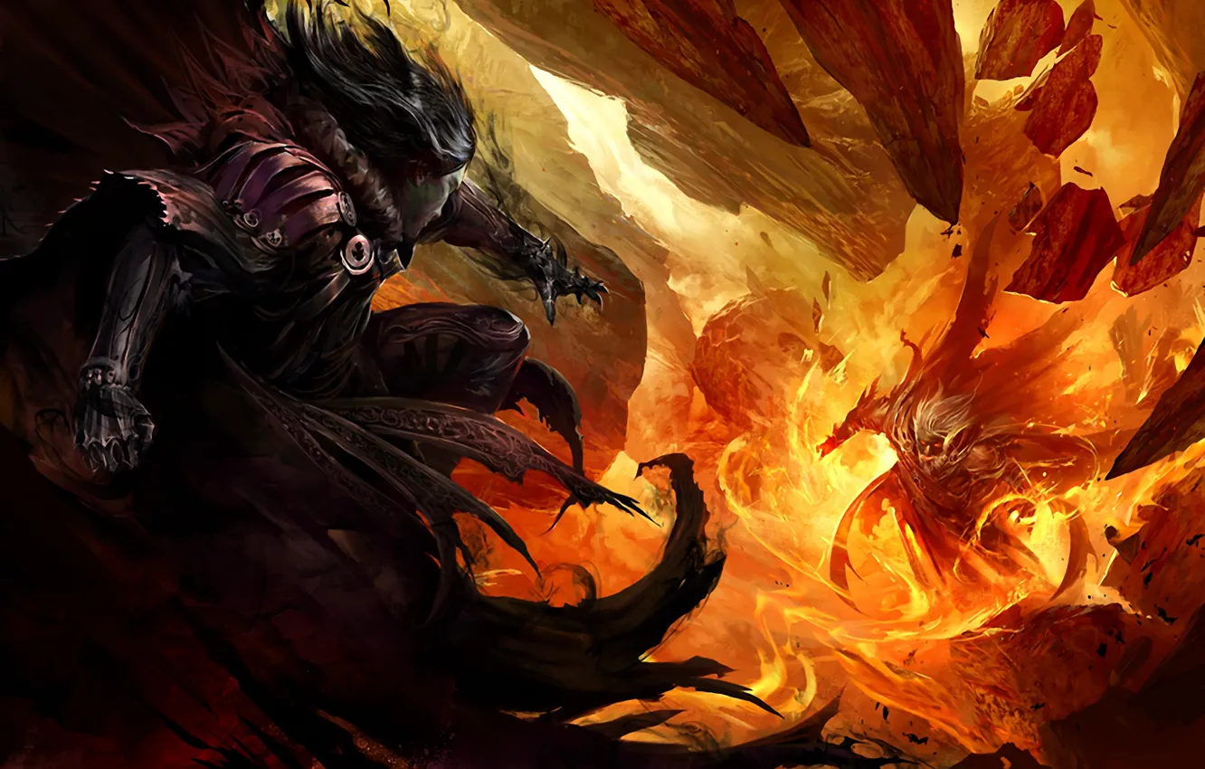 Photo wallpaper lights, rocks, jump, warrior, MAG, the battle