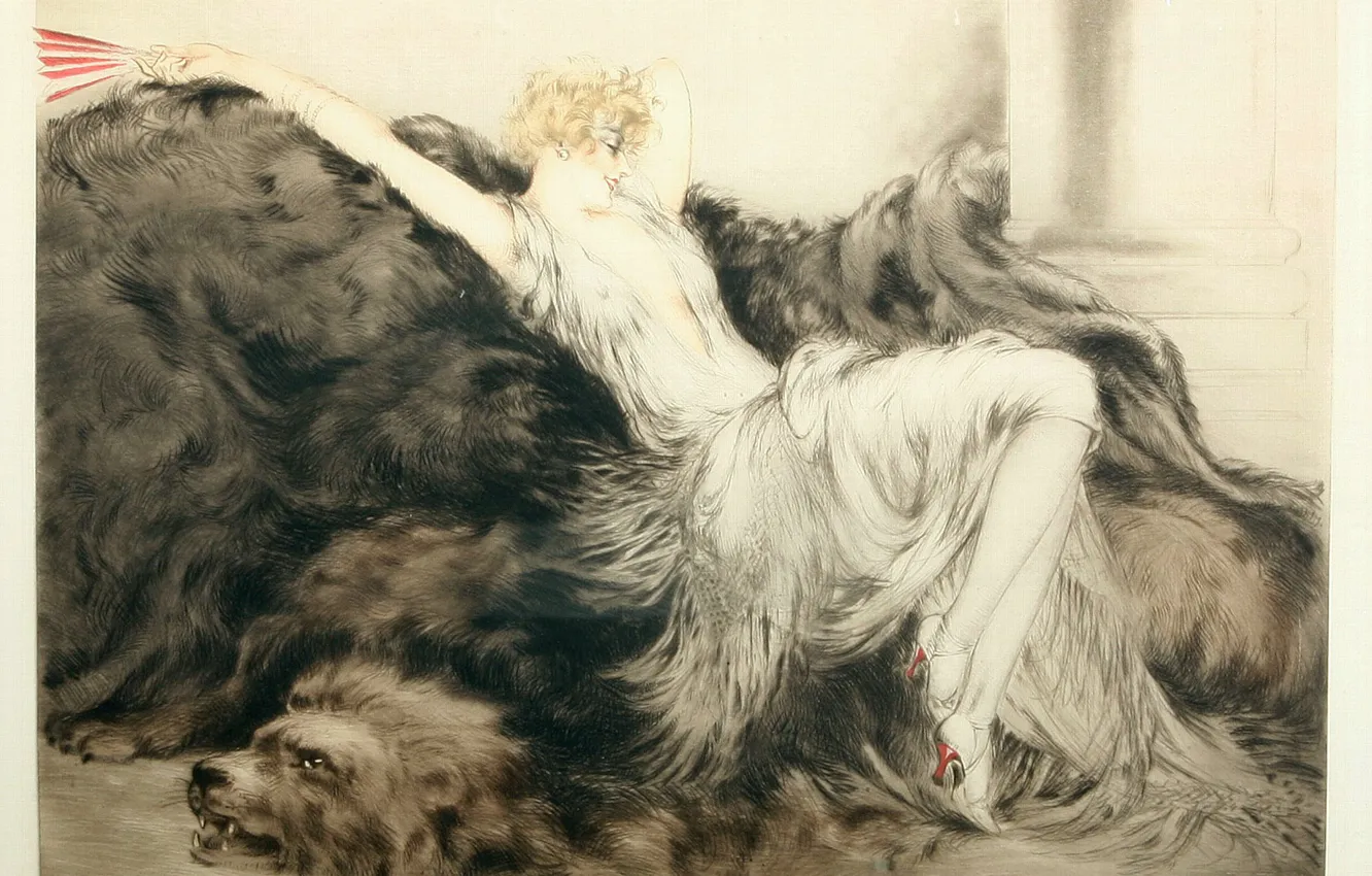 Photo wallpaper fan, laziness, 1925, Louis Icart, art Deco, etching and aquatint, the skin of a lion, …