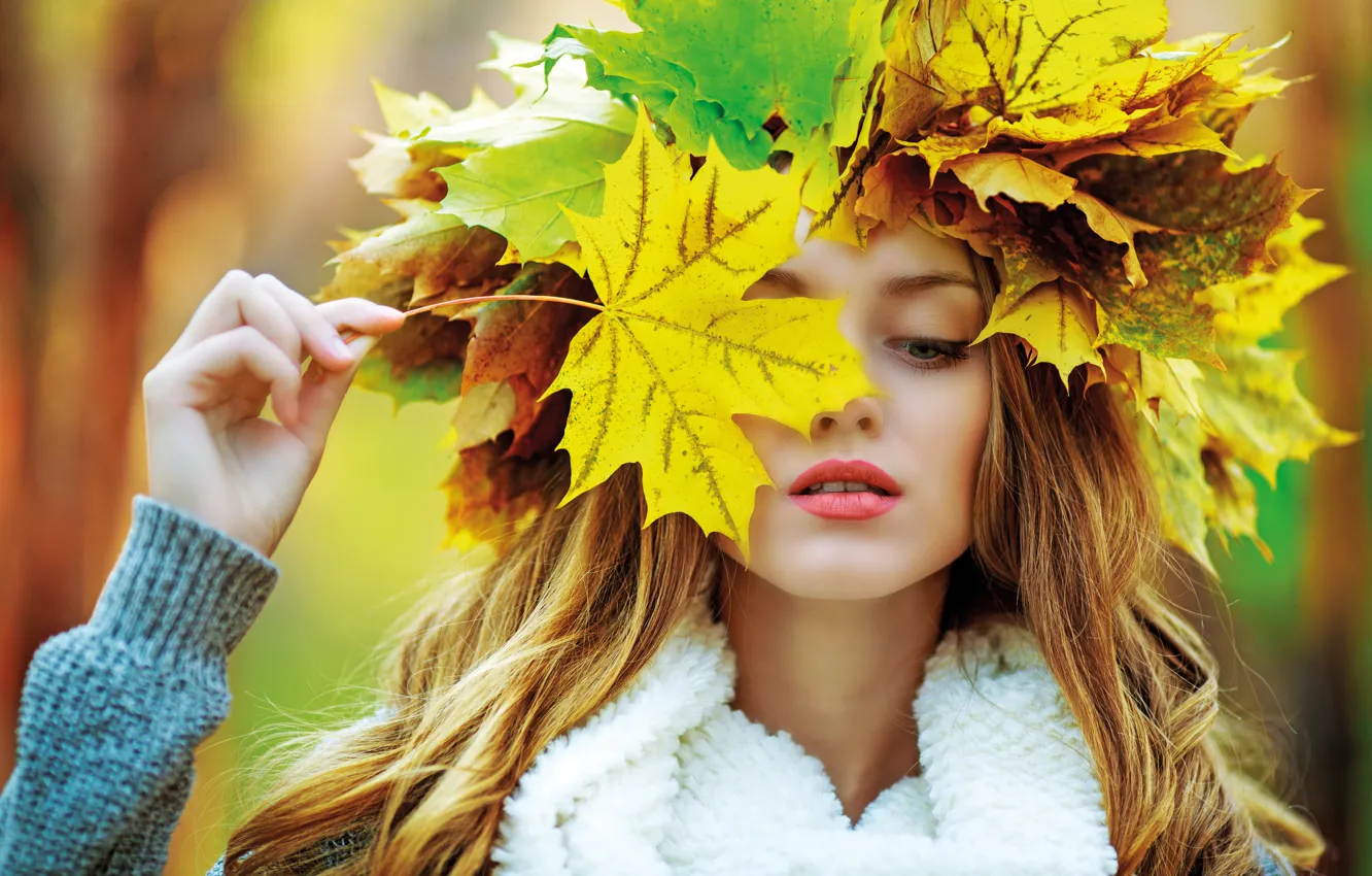 Photo wallpaper autumn, girl, maple, girl, woman, autumn, leaves, fall