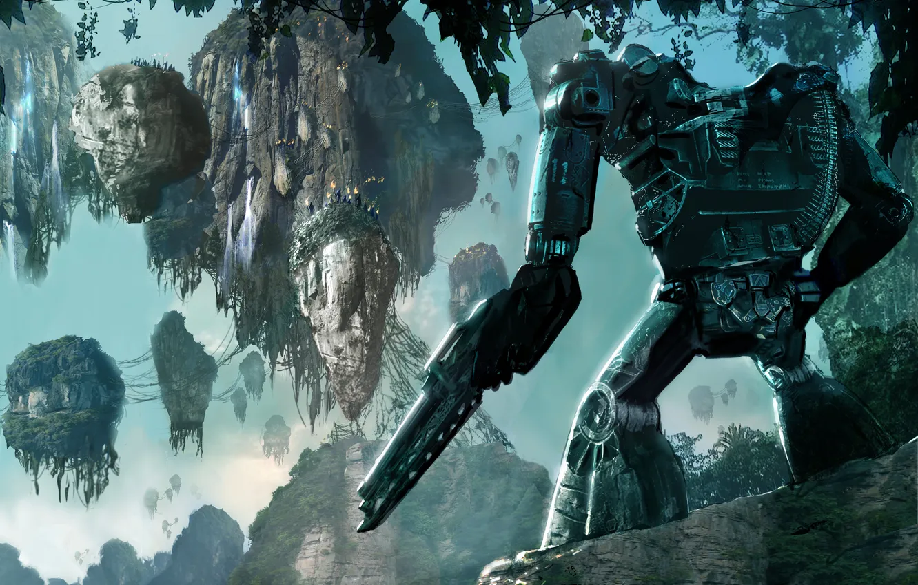 Photo wallpaper mountains, jungle, machine gun, Avatar, Avatar, the exoskeleton, Pandora