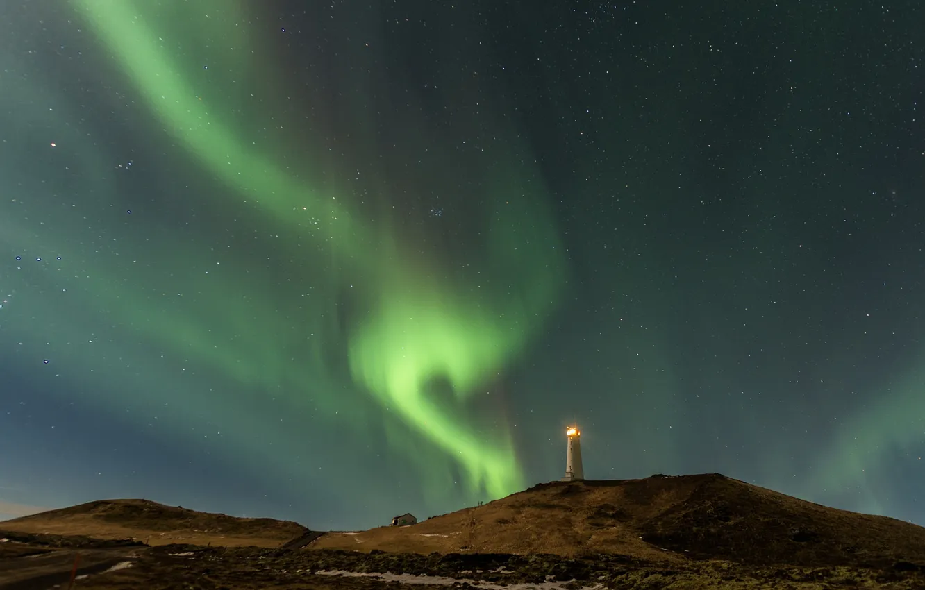 Photo wallpaper the sky, stars, lighthouse, Northern lights, Iceland
