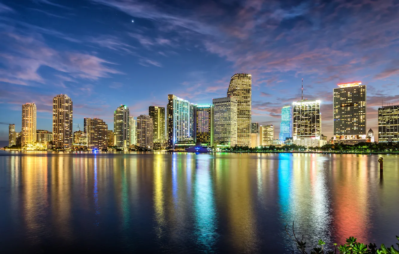 Photo wallpaper sunset, the city, lights, the ocean, building, Miami, skyscrapers, the evening