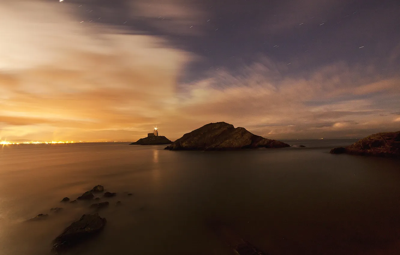 Photo wallpaper sea, rocks, lighthouse, twilight