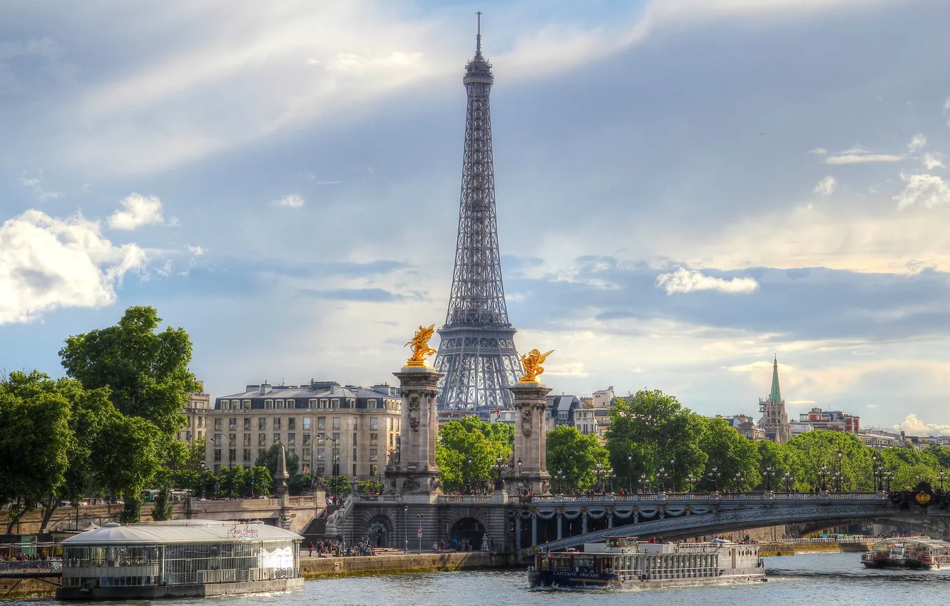 Photo wallpaper bridge, river, France, Paris, ship, tower, hay