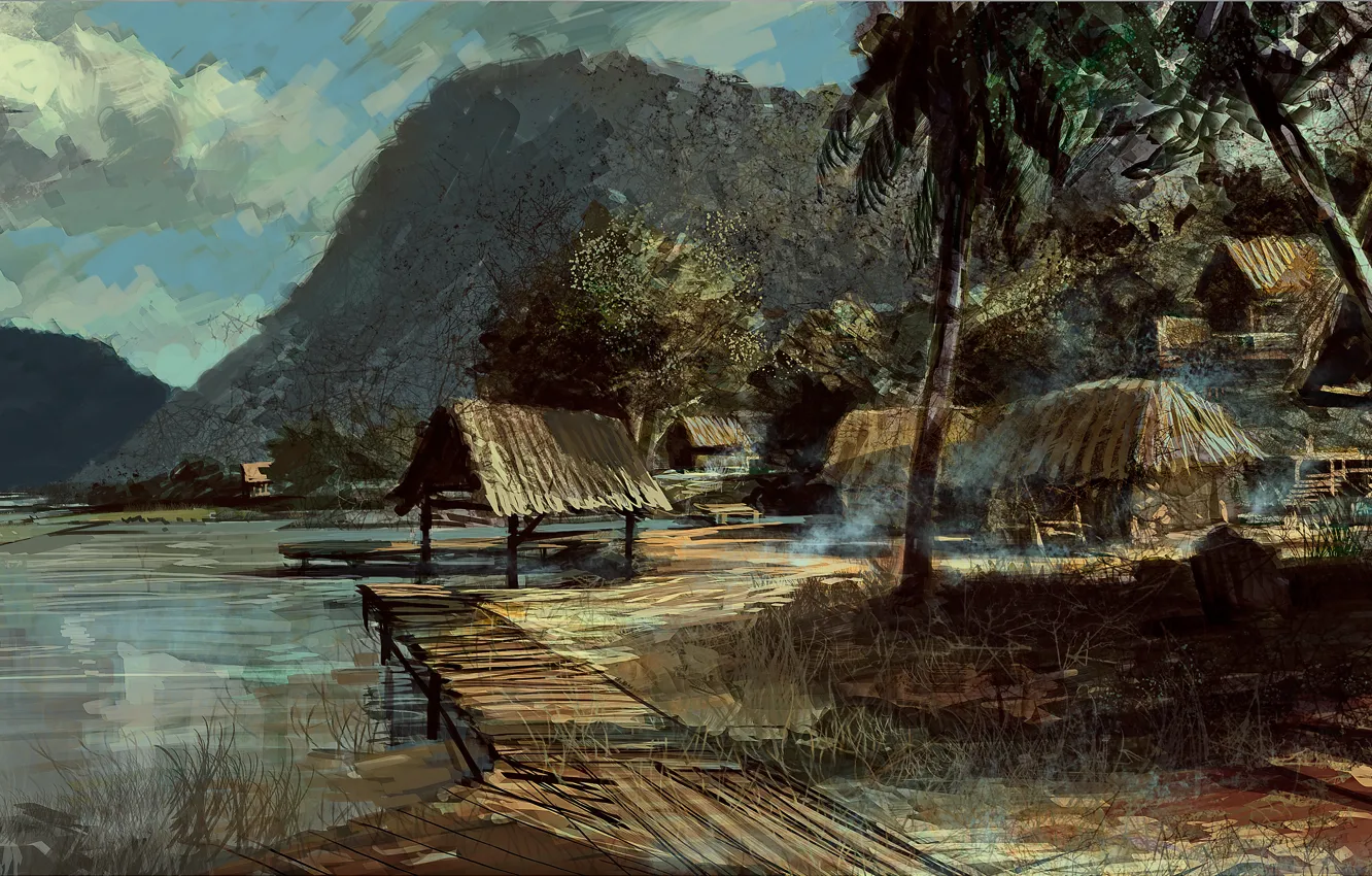 Photo wallpaper landscape, mountains, lake, palm trees, shore, figure, art, Battlefield
