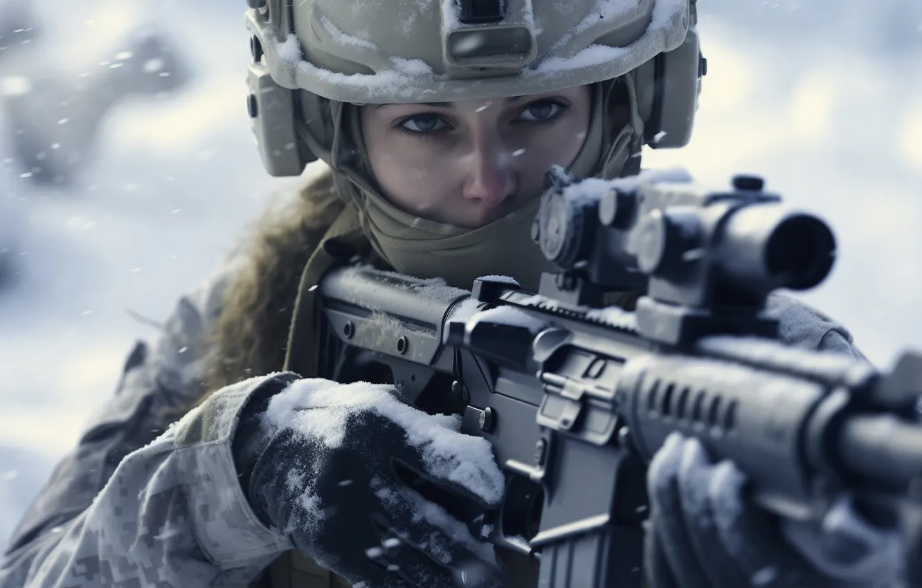 Photo wallpaper Winter, Girl, Look, Gloves, Soldiers, Machine, Digital art, AI art