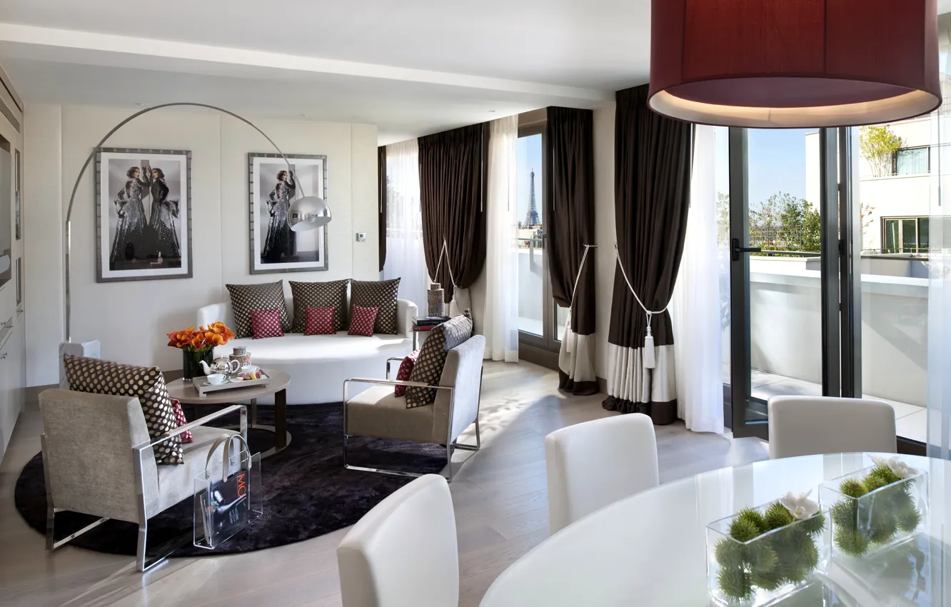 Photo wallpaper white, flowers, design, style, table, room, sofa, Paris