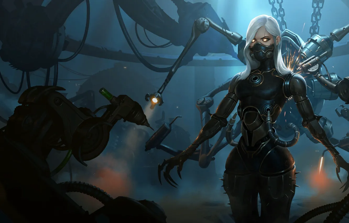 Photo wallpaper girl, white, steampunk, hair, Fence, follower, Legends of Runeterra, runeterra