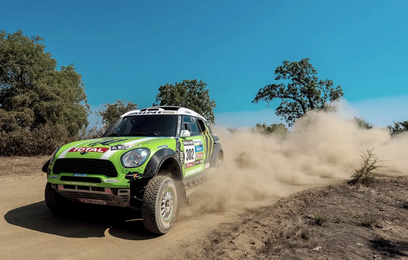 Photo wallpaper Dust, Wheel, Green, Skid, Lights, Mini Cooper, Rally, Dakar