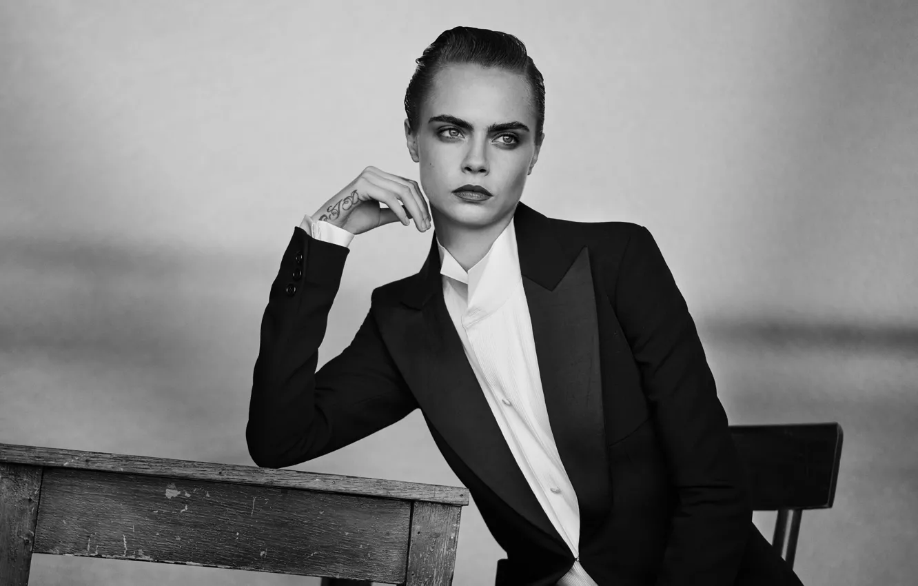 Photo wallpaper pose, model, actress, black and white, black and white, Cara Delevingne, Cara Delevingne