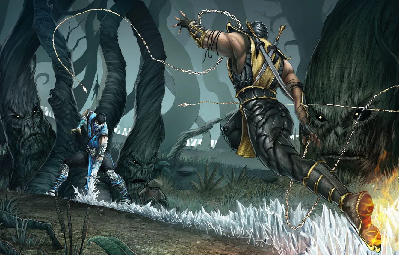 Photo wallpaper forest, fight, Mortal Kombat, Scorpion, sub zero